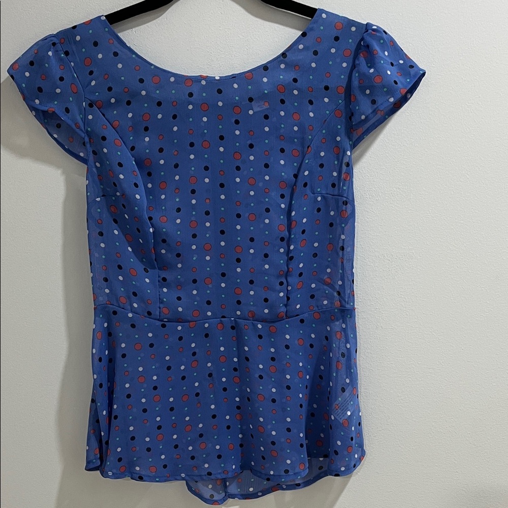 Women’s Sheer Peplum Blouse XS Blue Polkadot Exposed Zipper Cap Sleeve